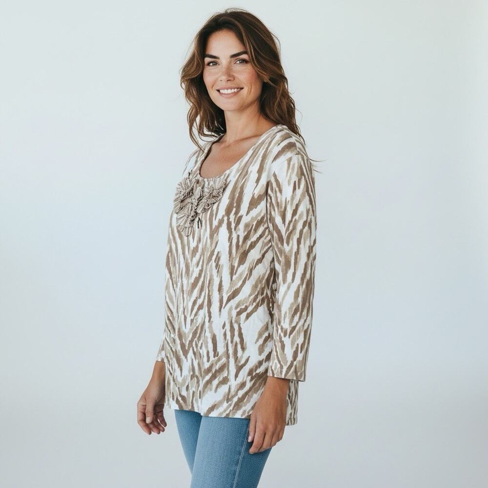 RUBY RED Women's 3X TOP BROWN BEIGE 3/4 SLEEVE EMBELLISHED Flower Detail BLOUSE